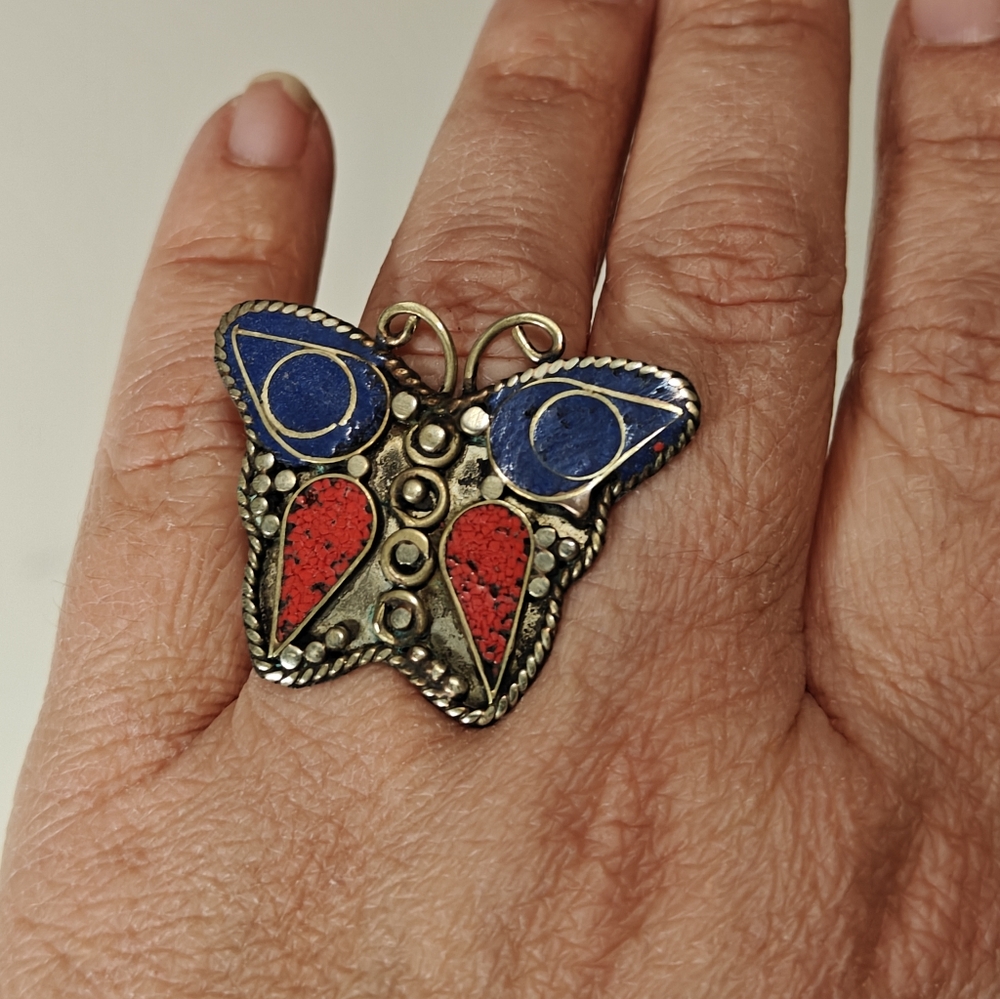 Vintage Tibetan Silver Butterfly Adjustable Ring With Red & Blue Stones Inlay